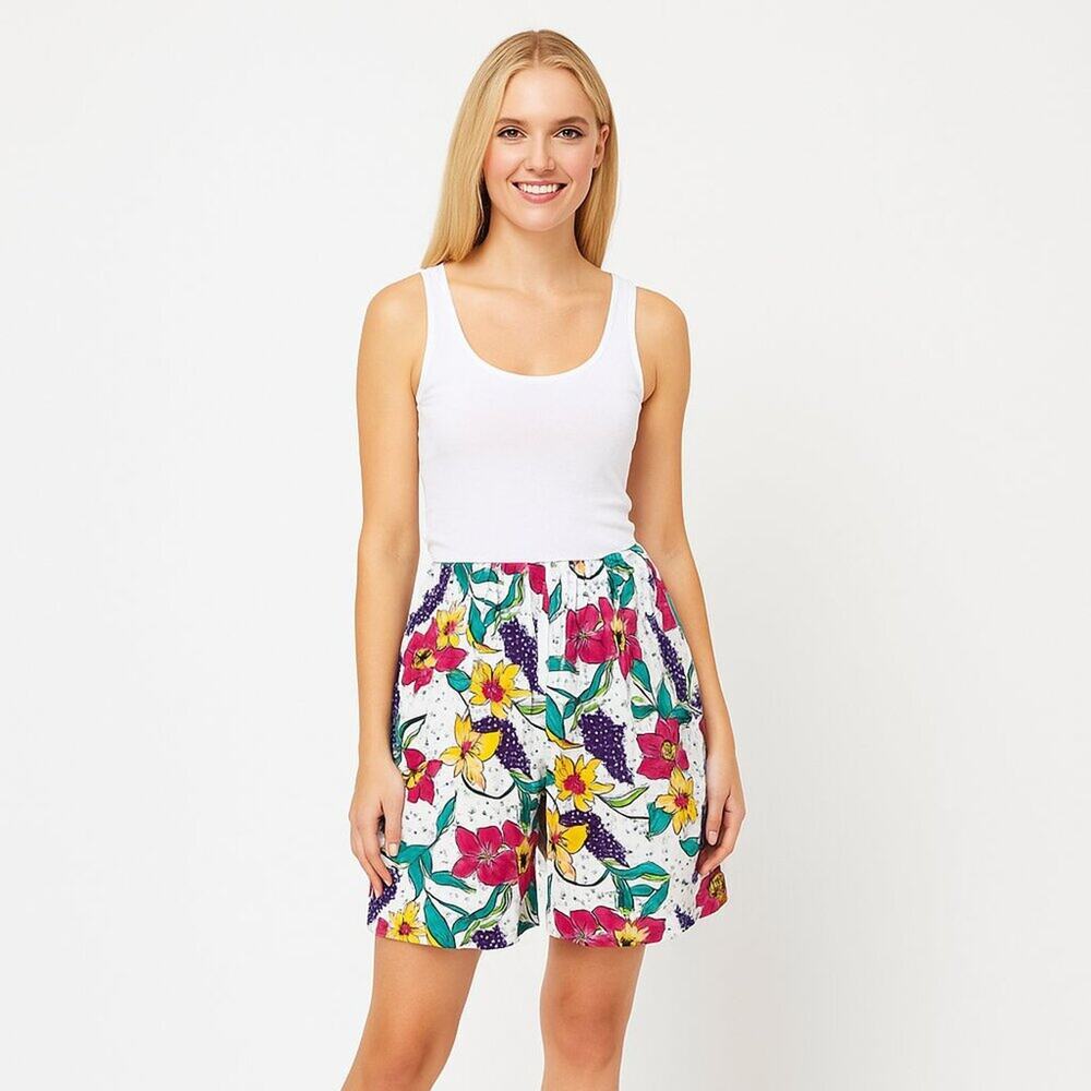 2/$30 Claudia Barnes Hawaiian Pullon Wide Leg Shorts White Multi M #A0491 TRB3